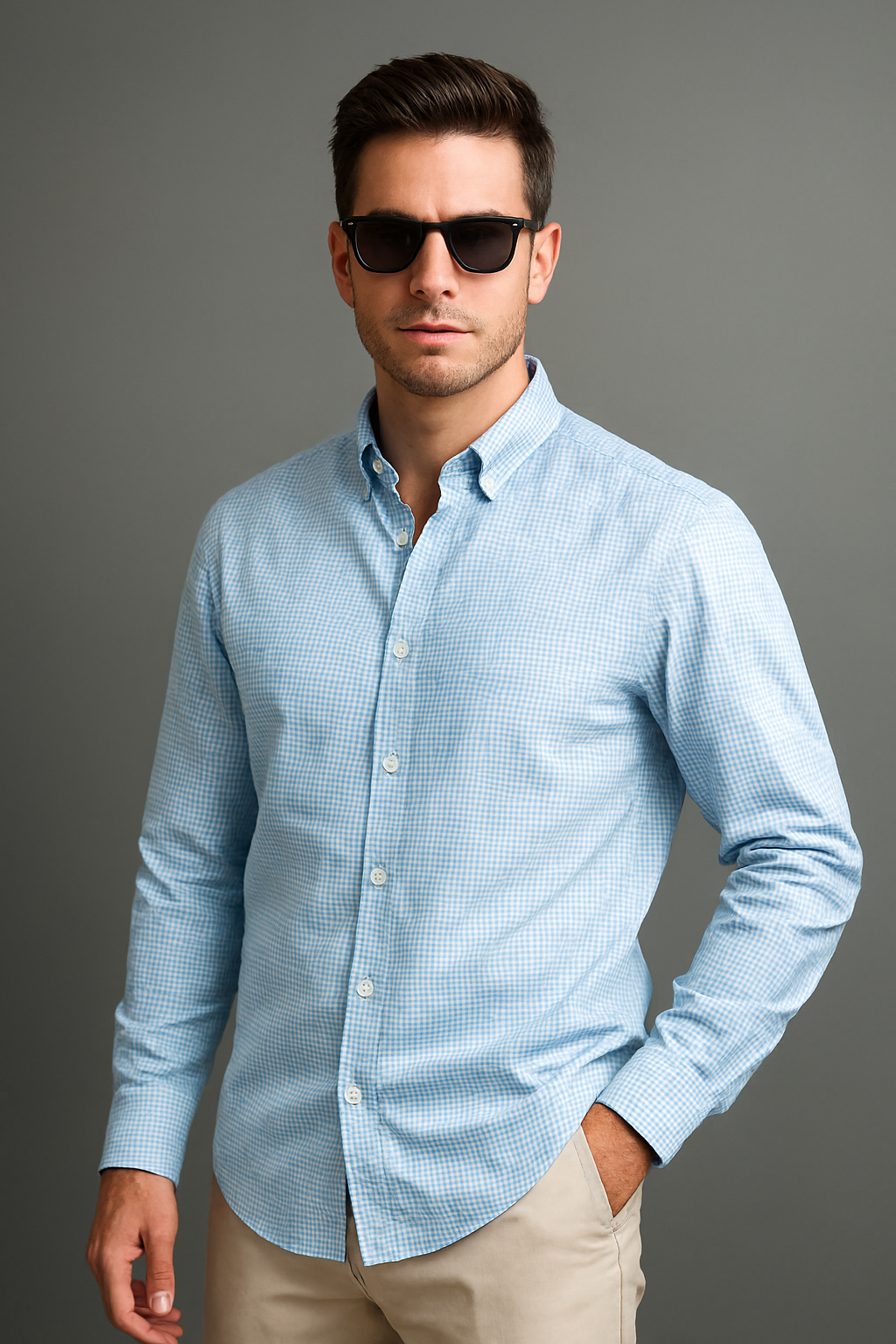Men’s Slim Fit Light Blue Checkered Casual Shirt