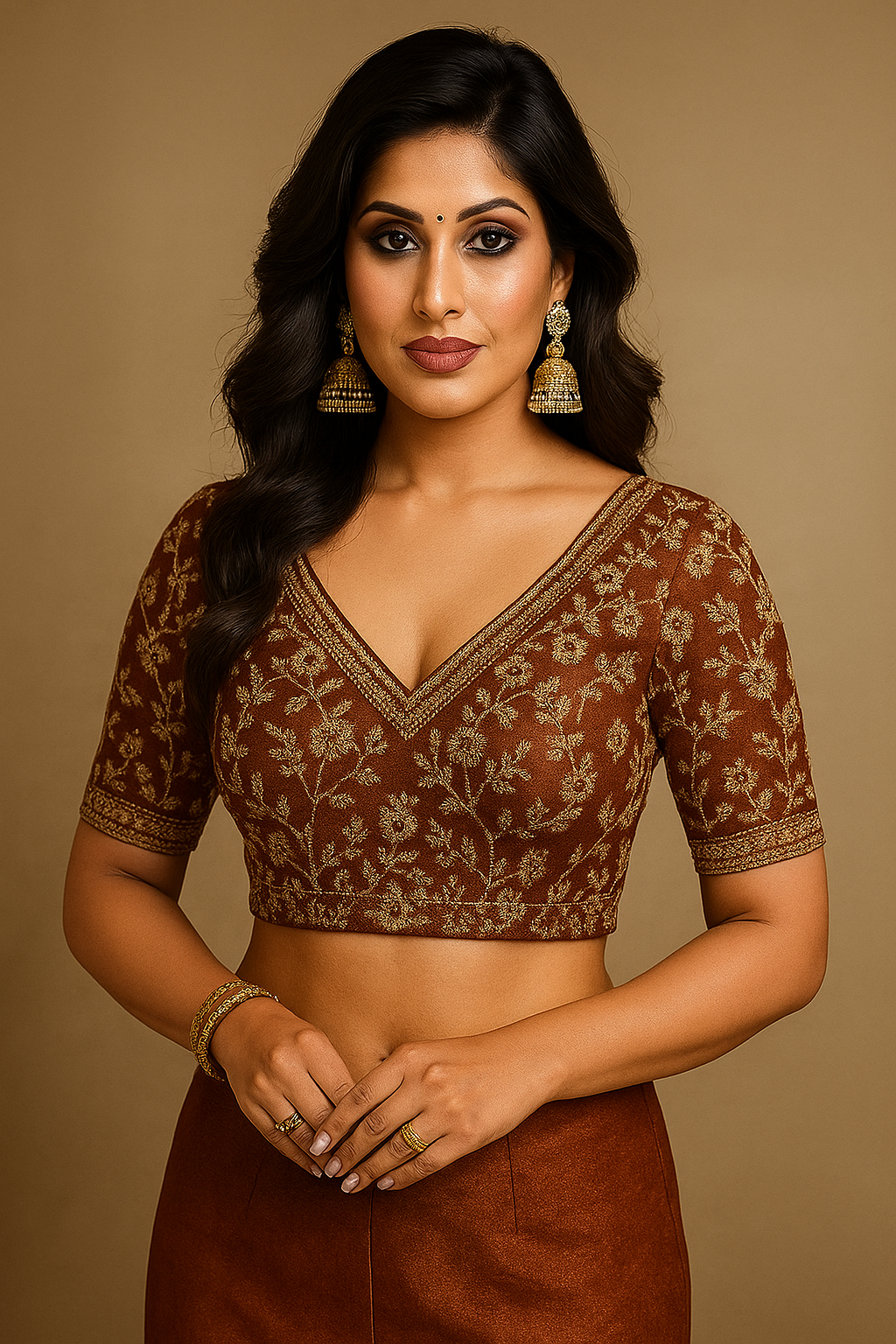 Designer Tissue Saree in Rich Brown & Gold – Celebrity Inspired Look