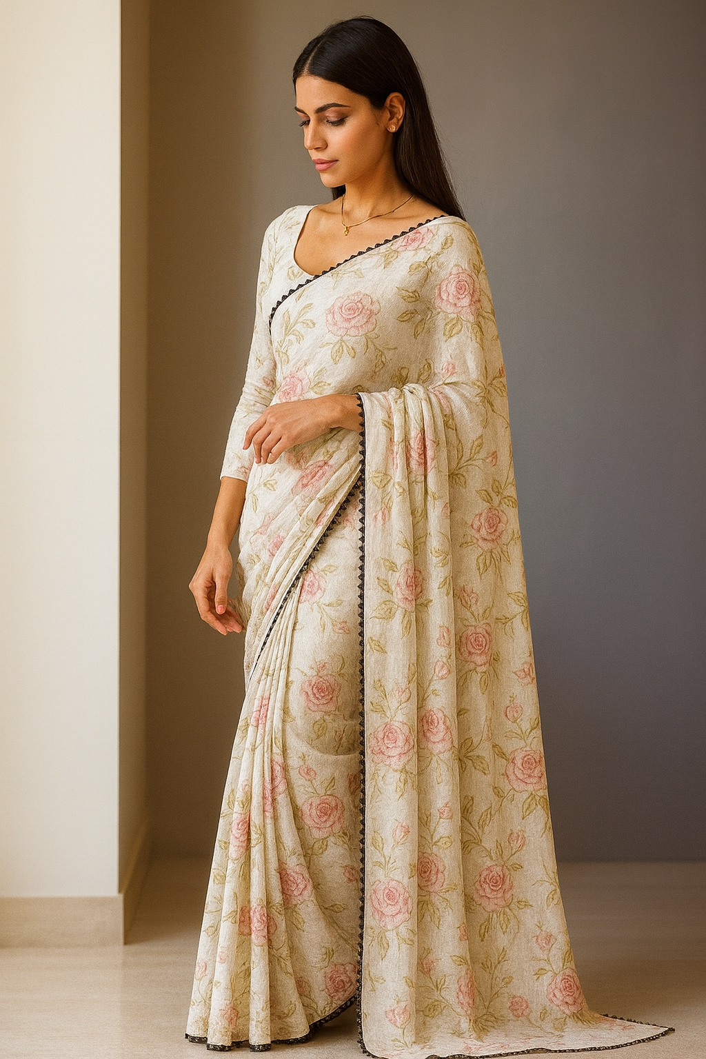 Ethereal Bloom – White & Green Georgette Saree with Gota Embellishment