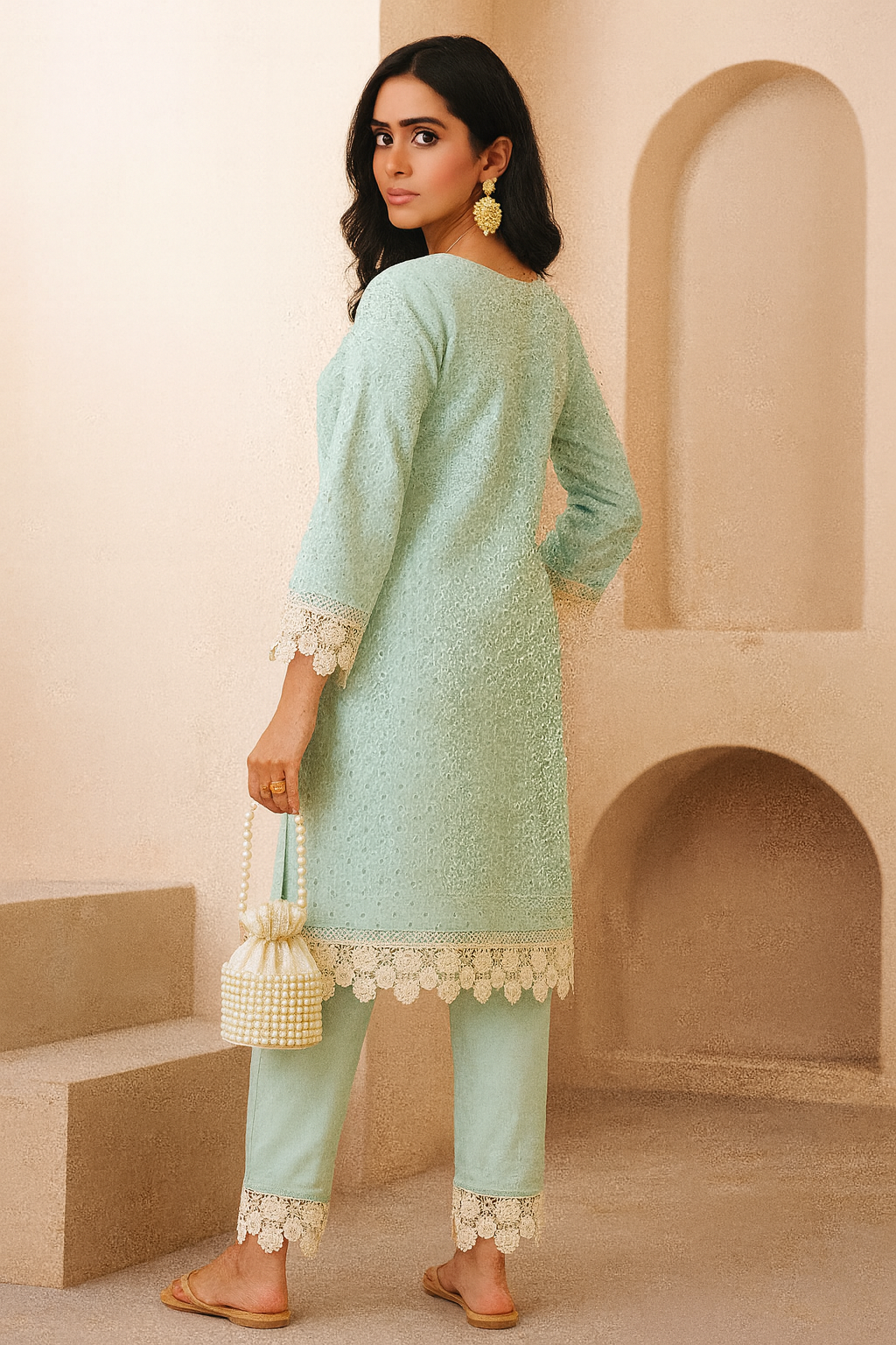 Premium Cotton Co-ords in Mint with Handcrafted Detailing