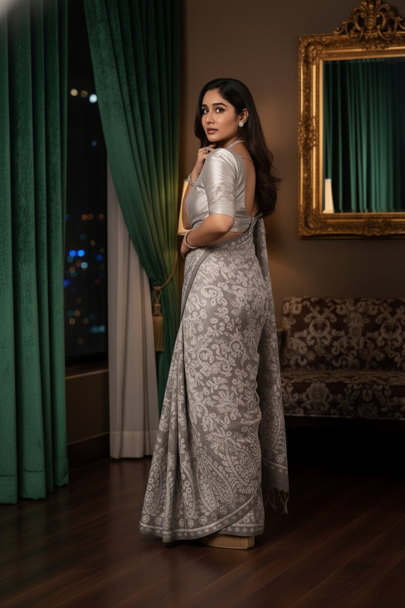 Premium Viscose Rayon Saree in Grey and White with Intricate Embroidered Border