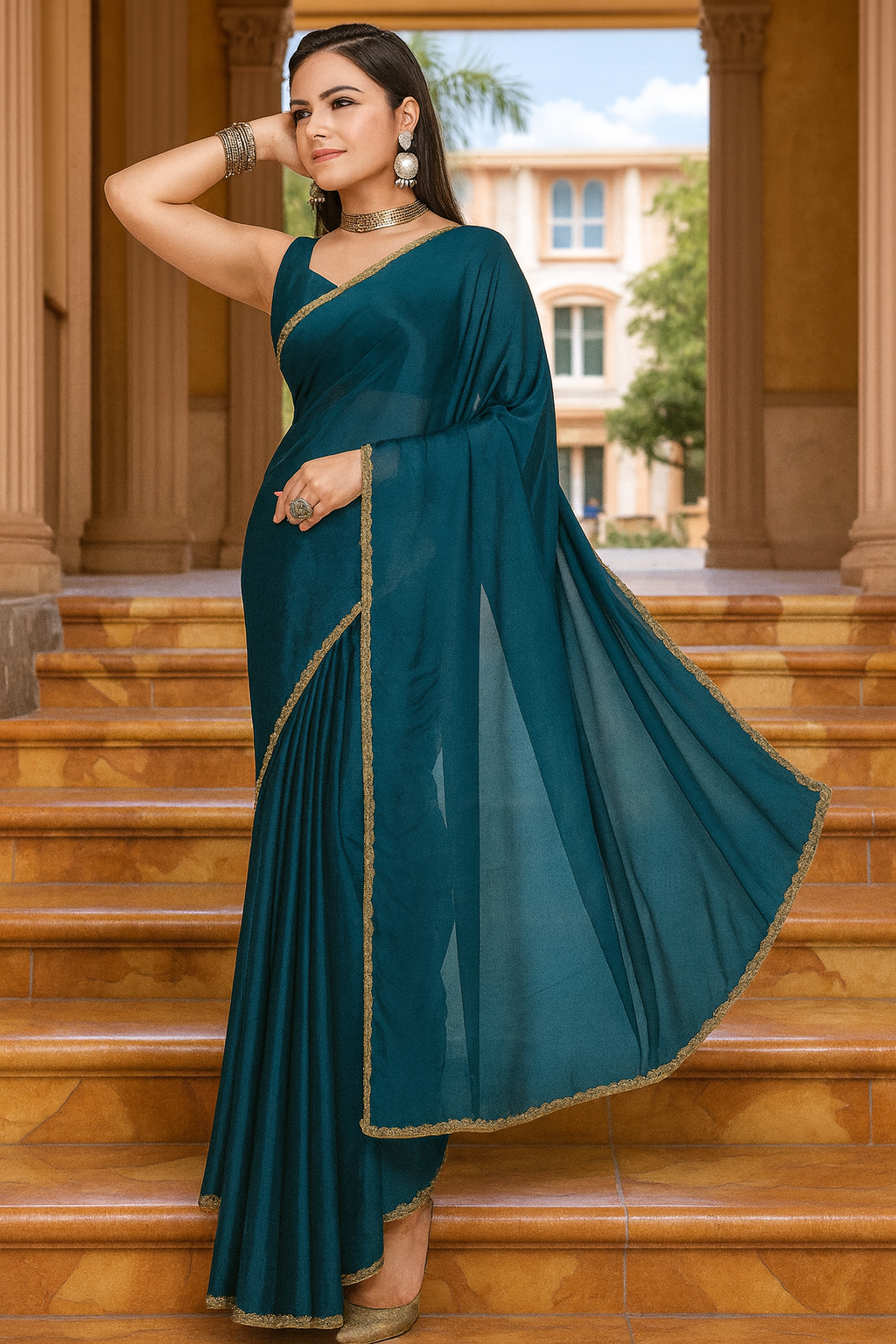 Elegant Teal Saree with Golden Border – Stylish Party & Wedding Wear for Women