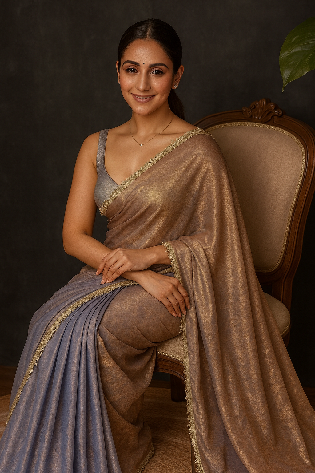Gunmetal Blue Solid Tissue Saree with Unstitched Blouse Piece