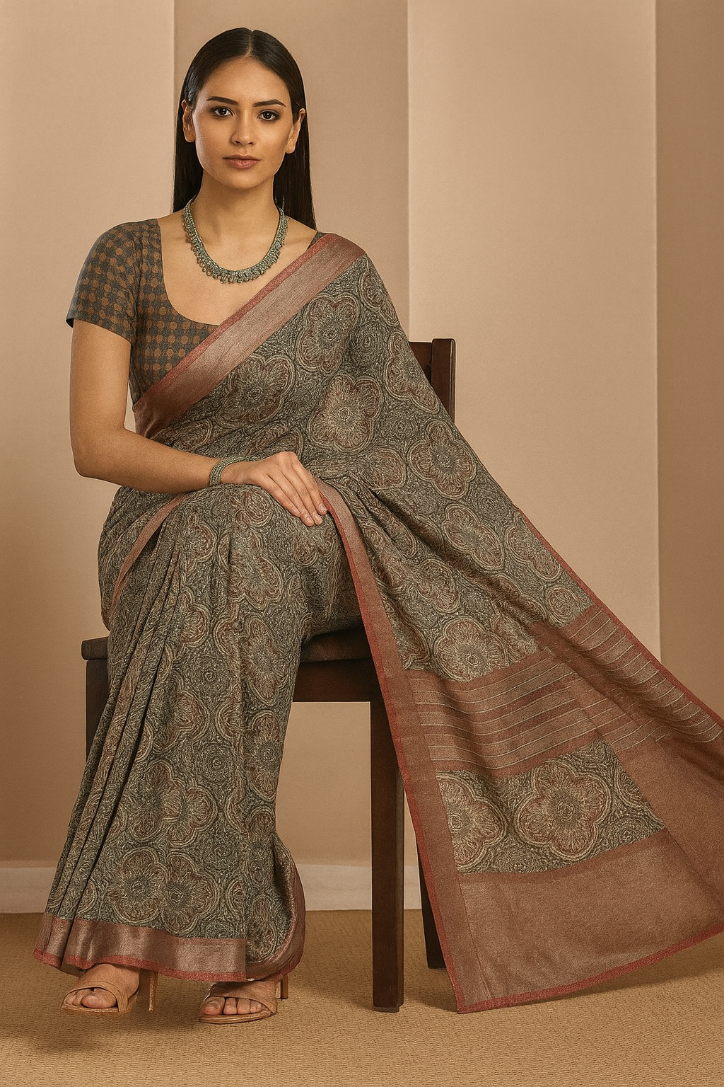 Contemporary Ajrak-Style Saree with Elegant Woven Border