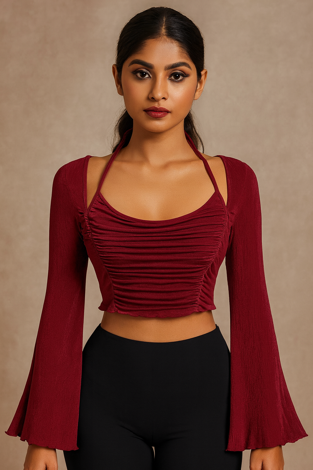 Women’s Maroon Ruched Front Halter Neck Crop Top with Flare Sleeves