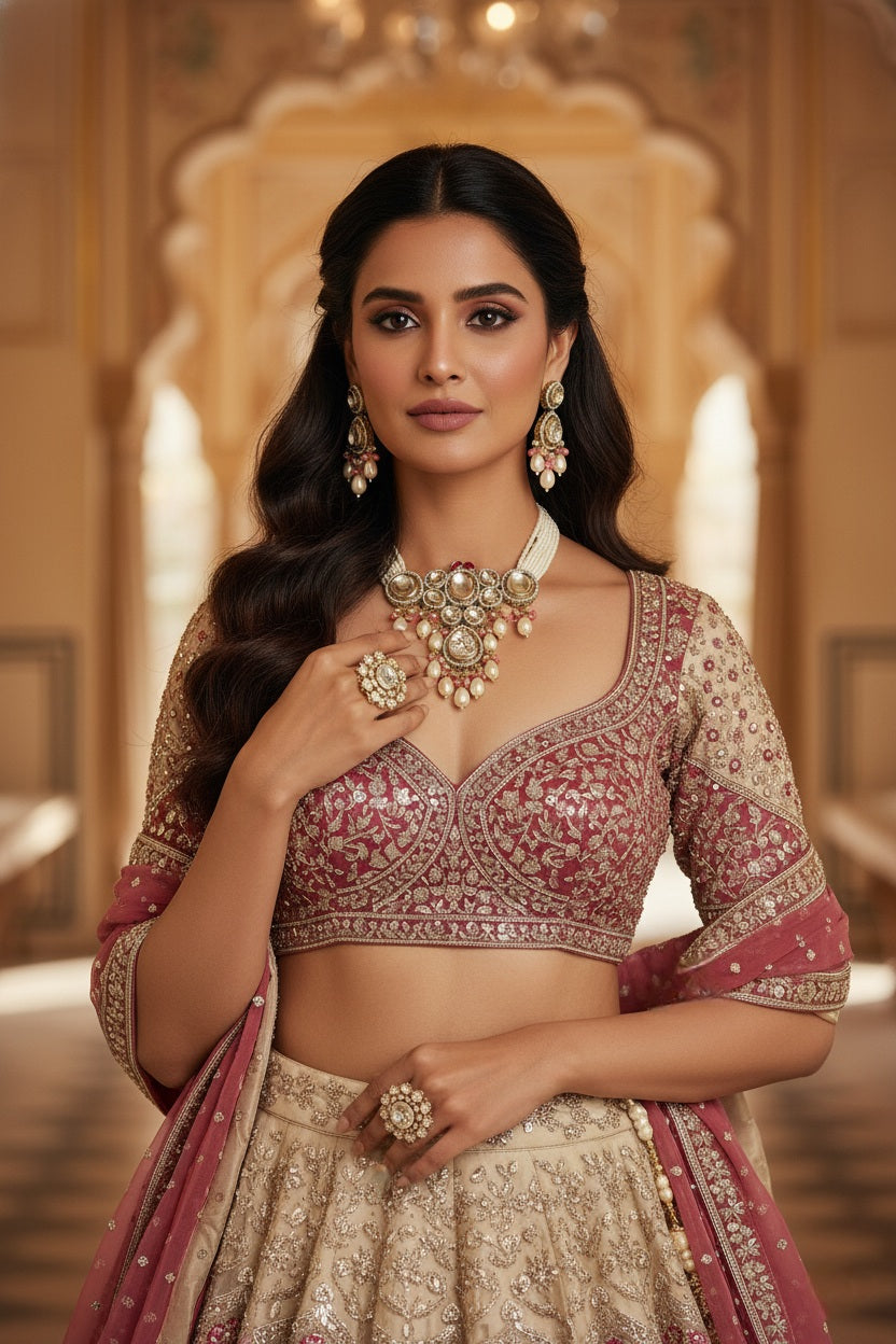 Handcrafted Polki and AD Choker Necklace Set for Women – Gold Finish with Stud Earring