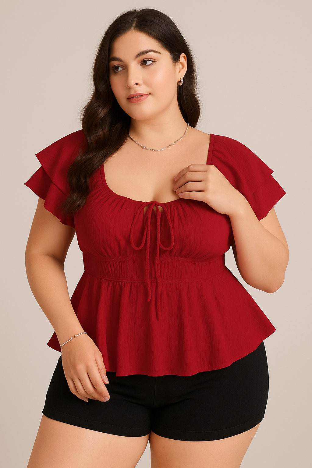 Classic Red Woven Peplum Top – Short Sleeve Design