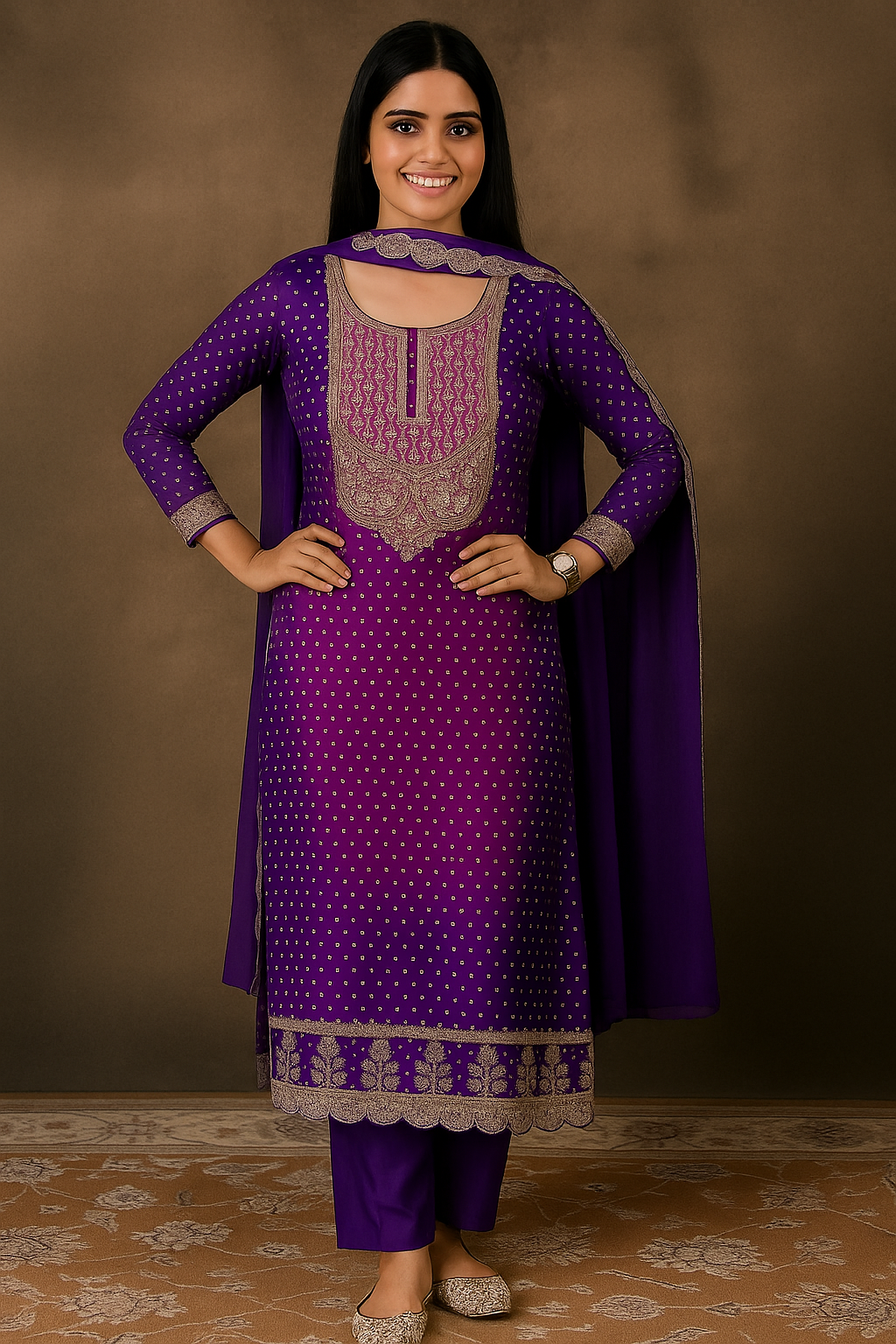 Elegant Purple Silk Blend Bandhani Kurta Set with Zari Embroidery & Dupatta