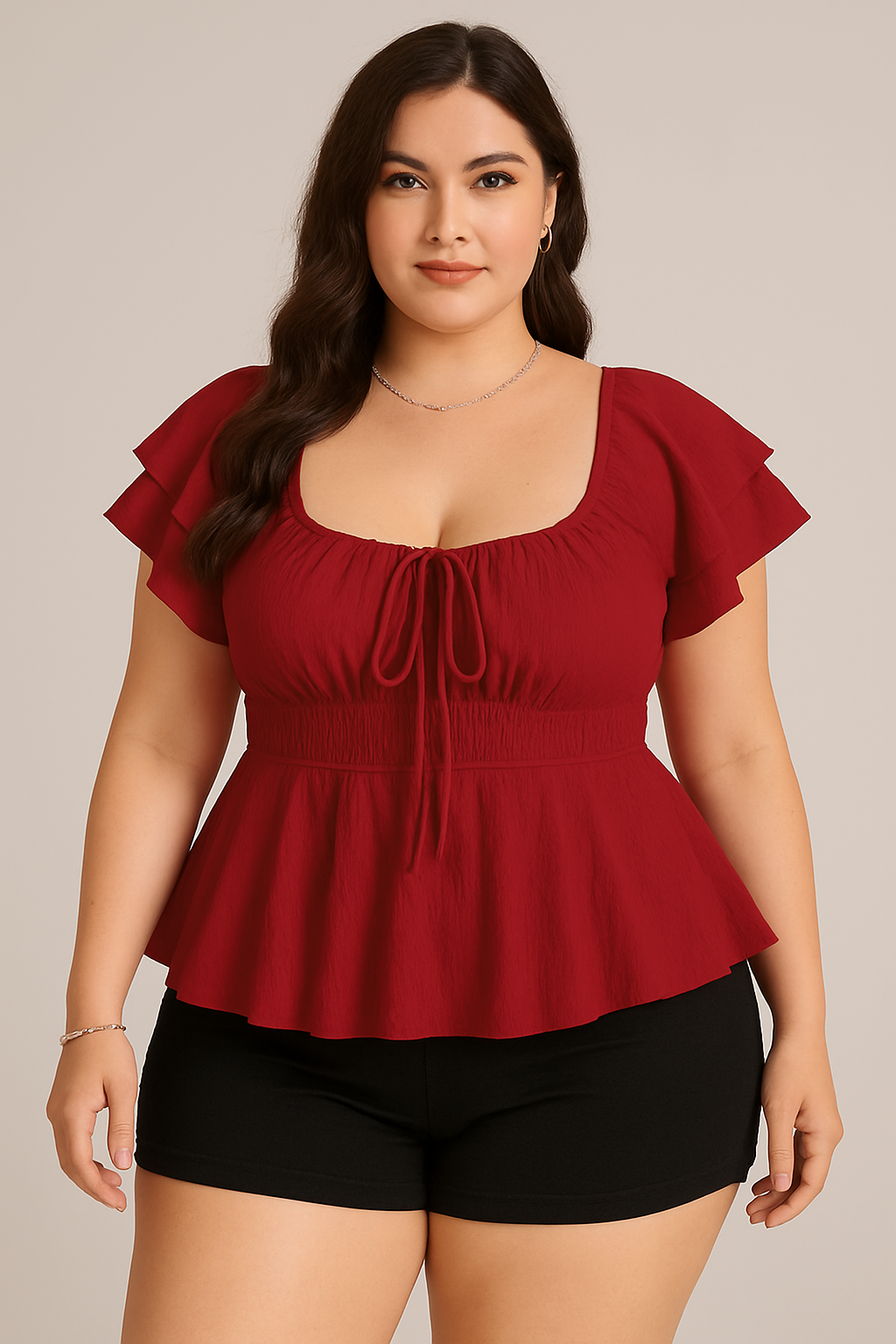 Classic Red Woven Peplum Top – Short Sleeve Design