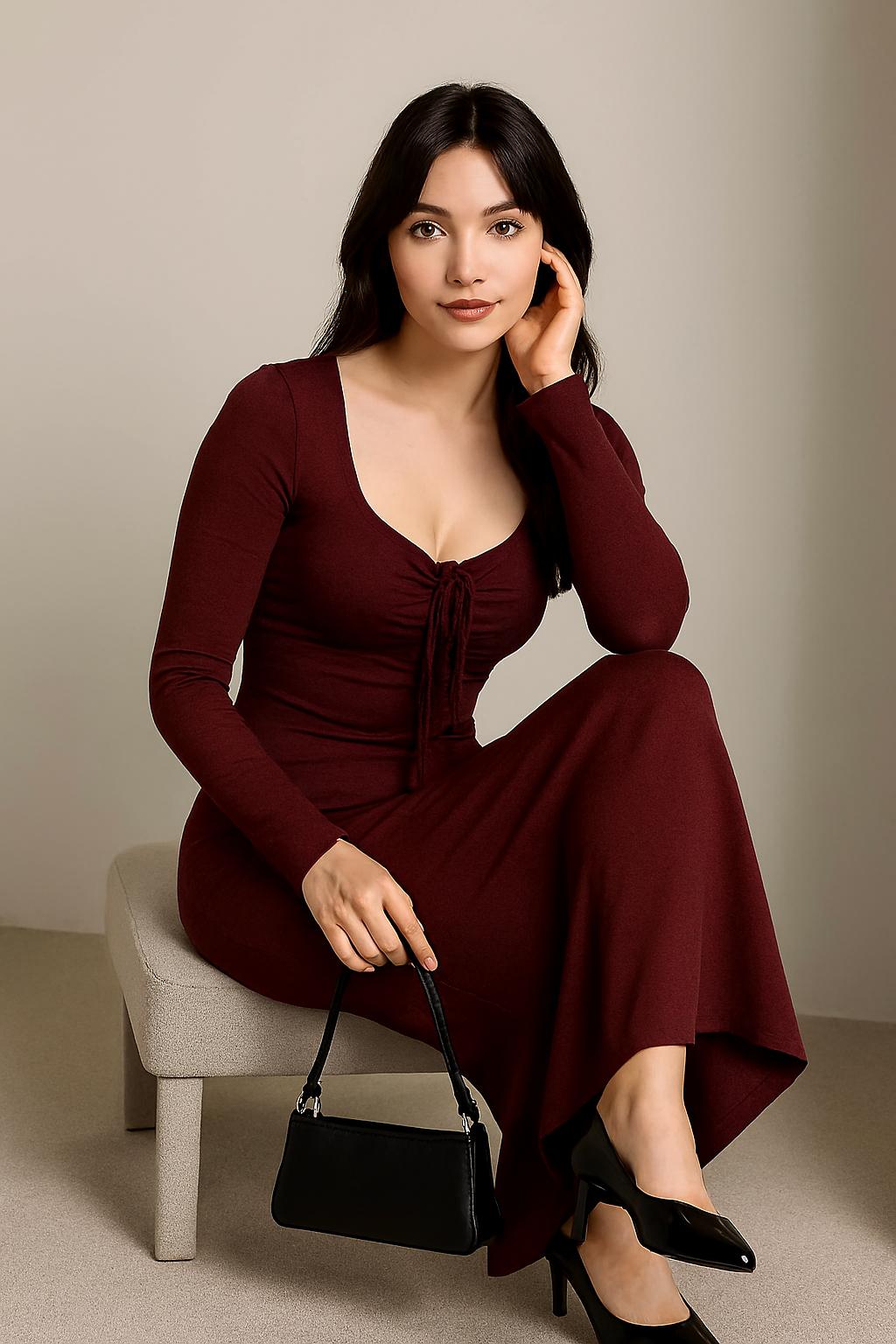 Women’s Wine Red Bodycon Maxi Dress with Ruched Front & Long Sleeves