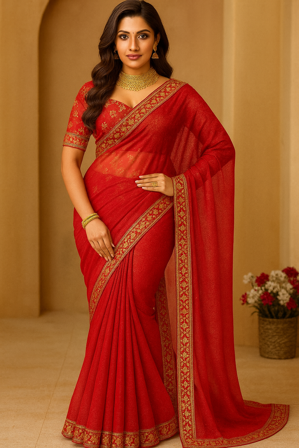 Premium & Festive Luxurious Red Silk Blend Saree Adorned with Golden Embroidery and Sequins