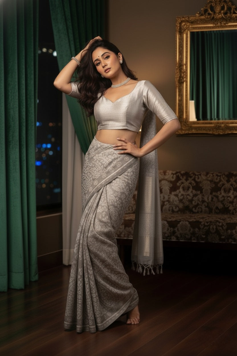 Premium Viscose Rayon Saree in Grey and White with Intricate Embroidered Border