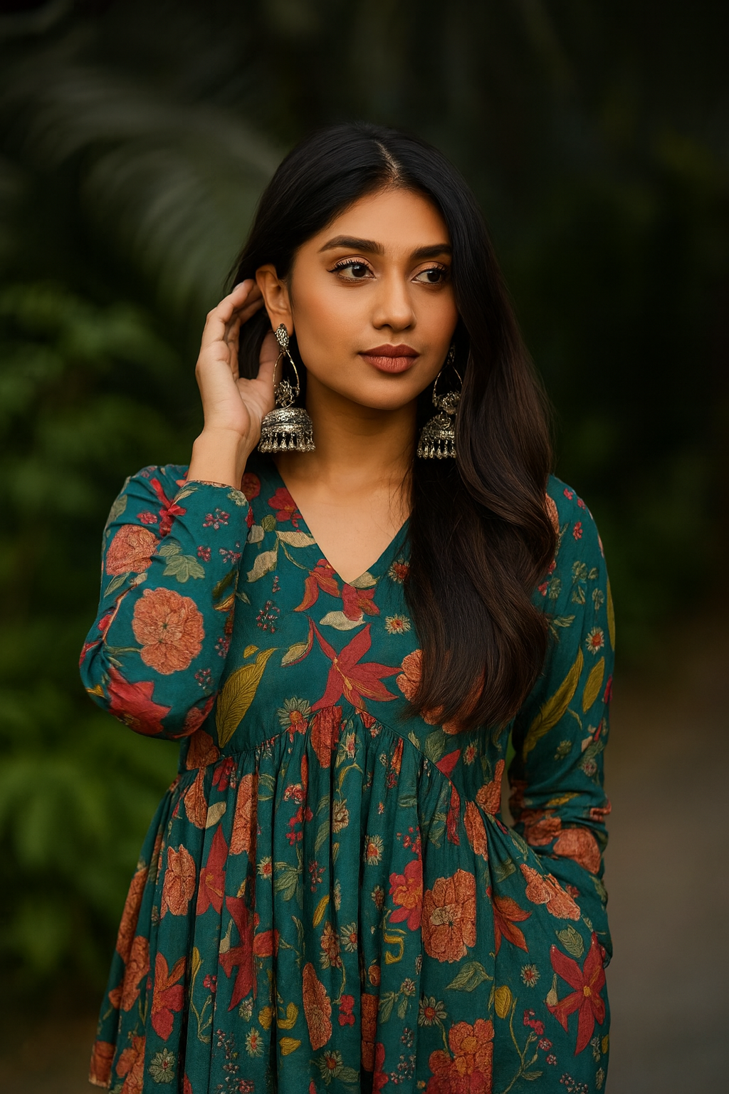 Elegance Green Cotton Top with Three-Quarter Sleeves
