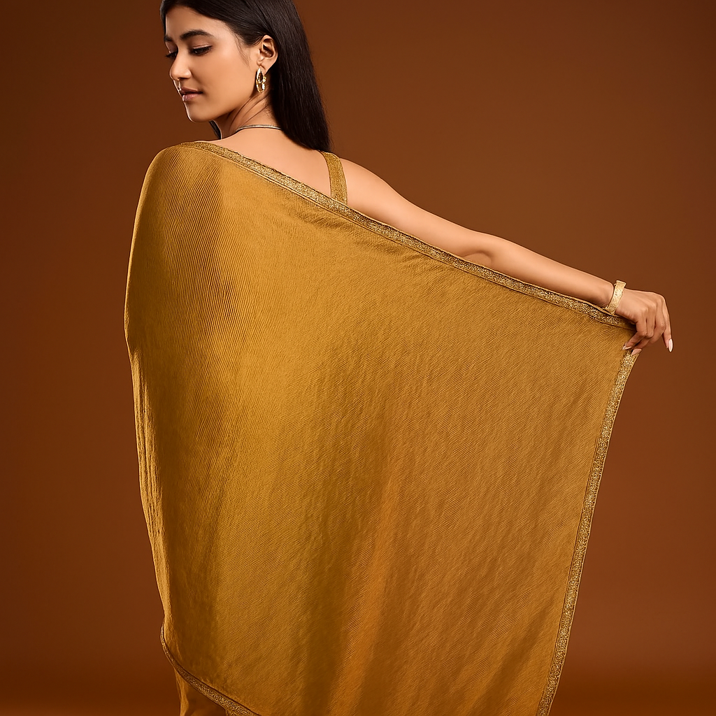 Chiffon Saree – Mustard Yellow Party Wear with Stone Work & Lace Border