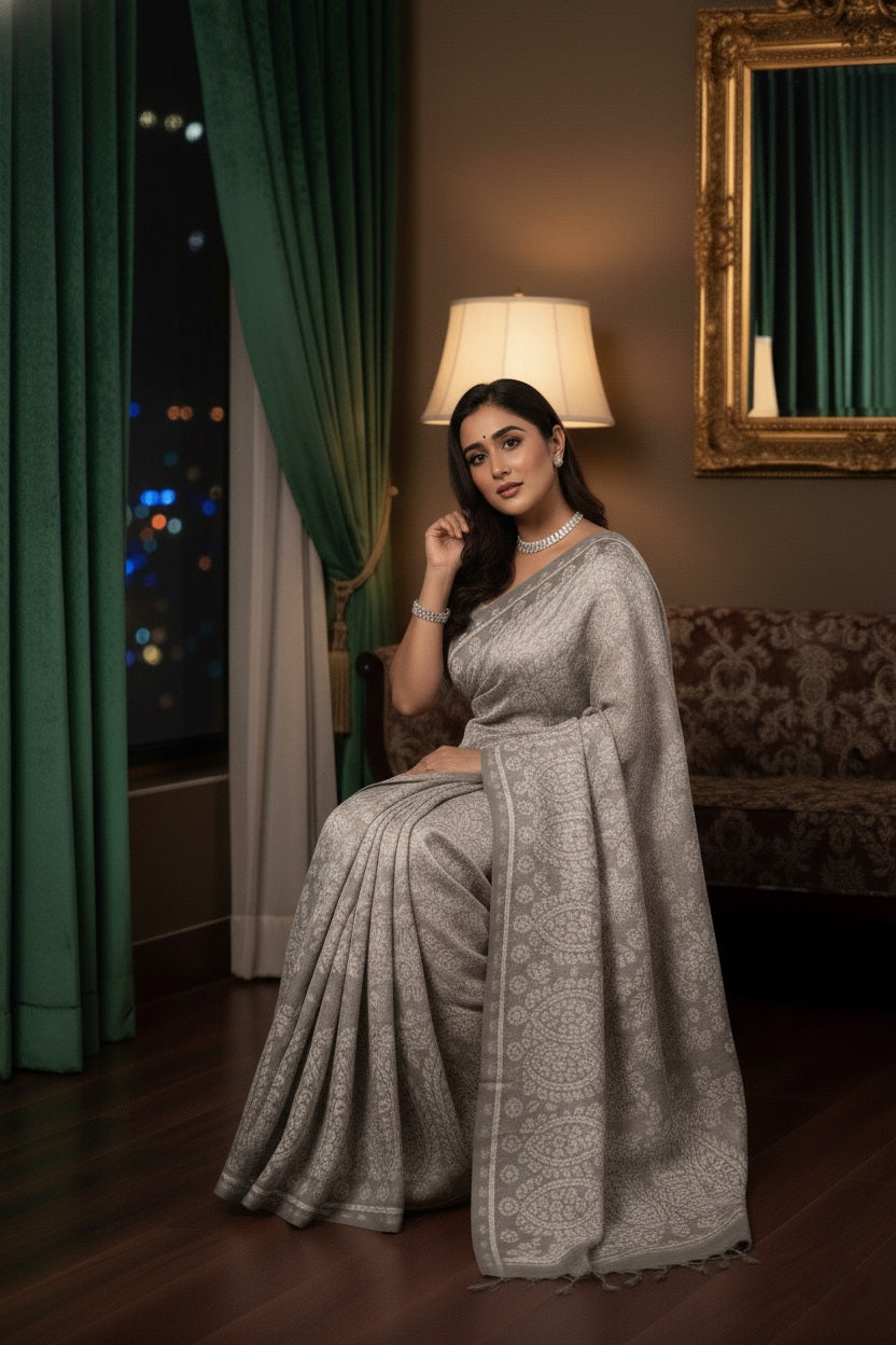 Premium Viscose Rayon Saree in Grey and White with Intricate Embroidered Border
