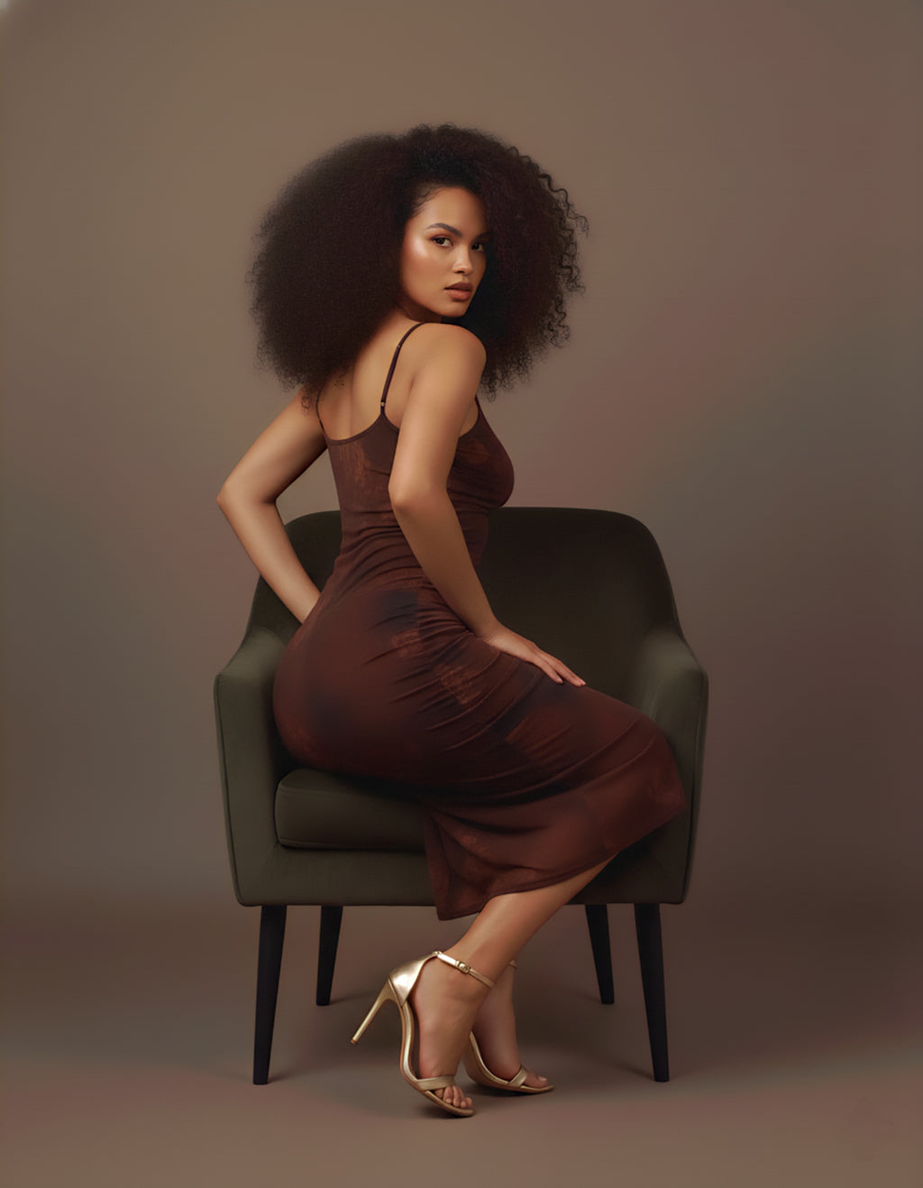 Elegant Brown Imported Net Maxi Dress