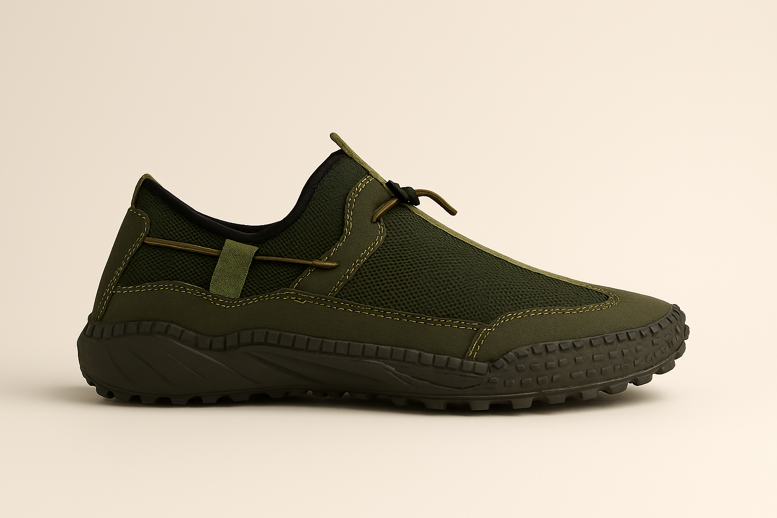 Men’s Olive Green Slip-On Sneakers with Mesh Detailing & Textured Sole