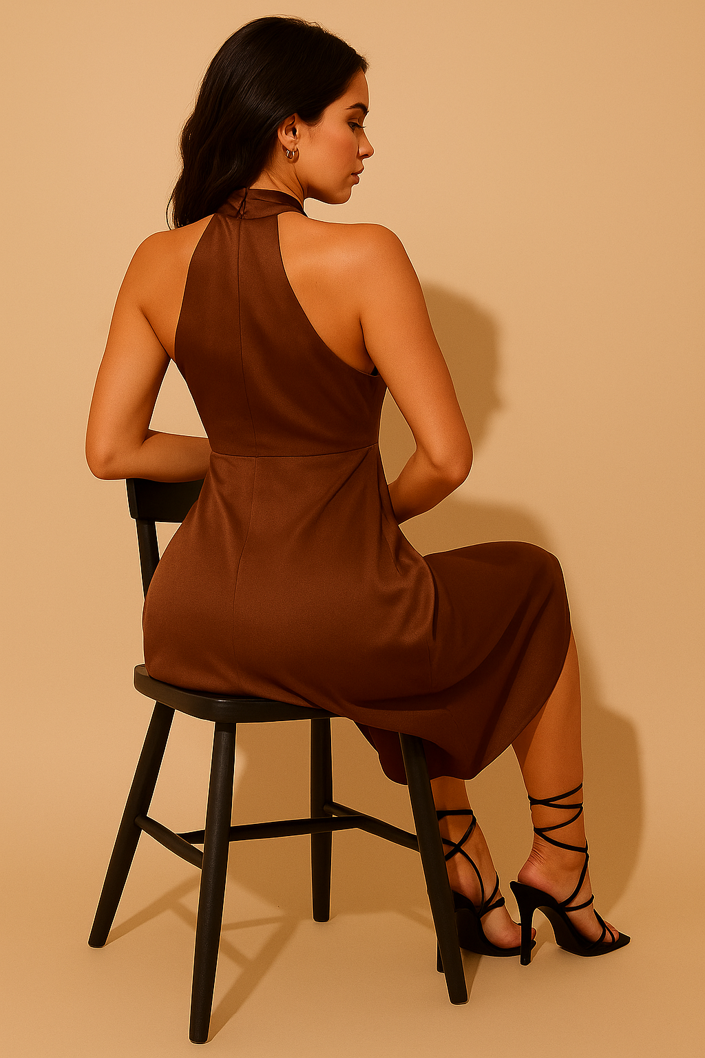 Brown Satin Sheen Backless A-Line Dress with Stylish Neck Tie-Ups