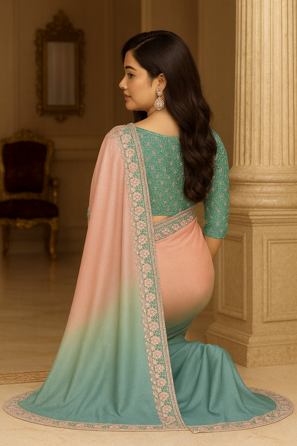 Peach & Teal Ombre Pure Chiffon Saree with Hand-Embellished Sequin Border