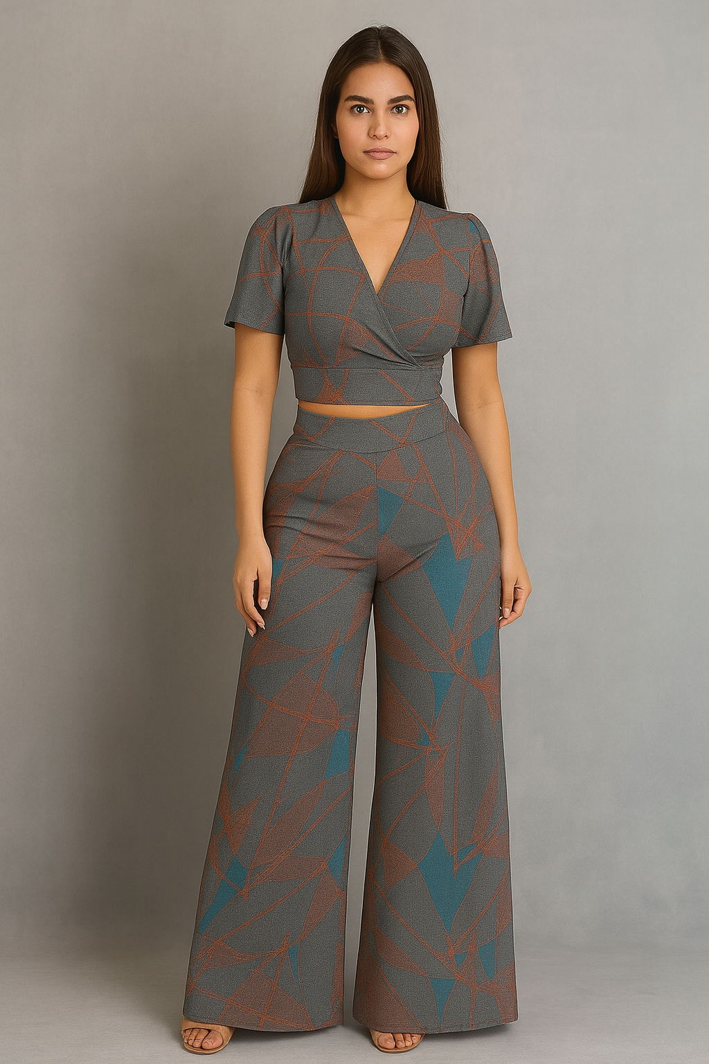 Chic Two-Piece Outfit - Modern Abstract Print Women’s Co-Ord Set | Crop Top & Flared Pants
