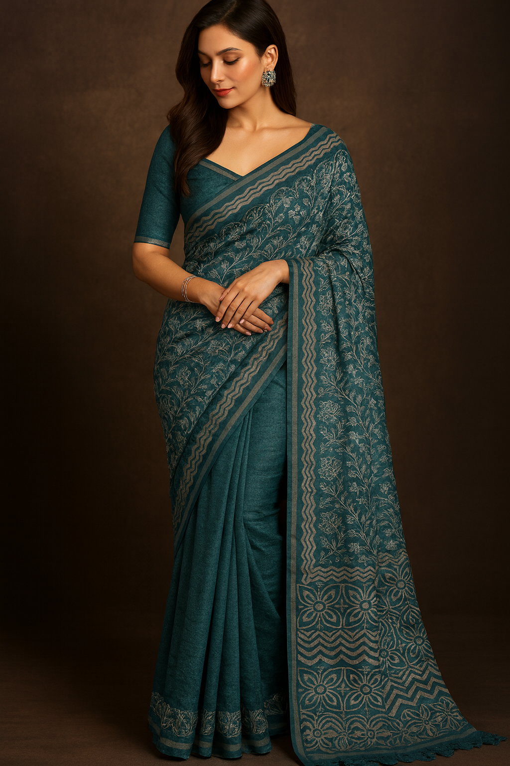 Teal Ikat Art Silk Saree with Embroidered Motifs & Embellished Border