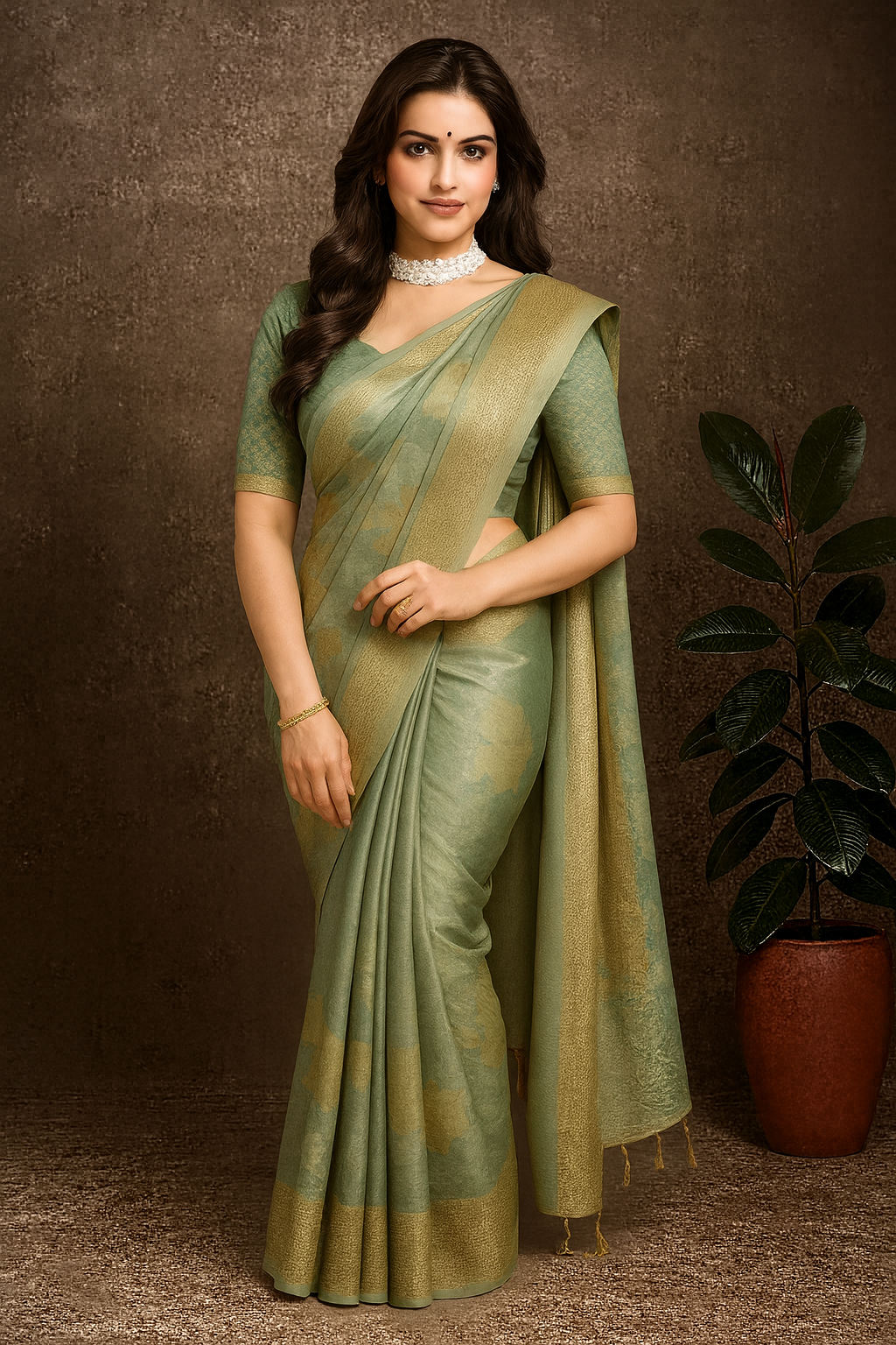 Pastel Green Soft Silk Saree with Floral Digital Print & Golden Zari Border