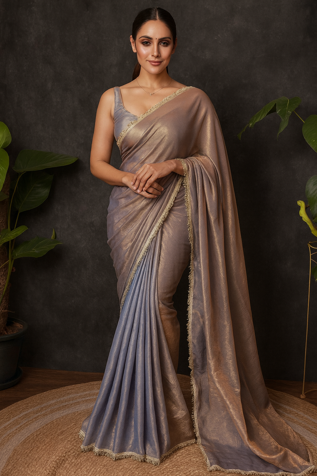 Gunmetal Blue Solid Tissue Saree with Unstitched Blouse Piece
