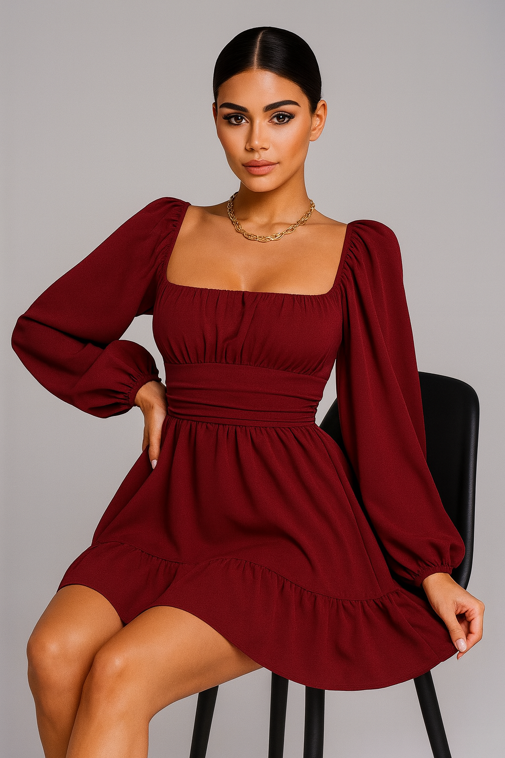 Wine Red Elegance Puff-Sleeve Dress