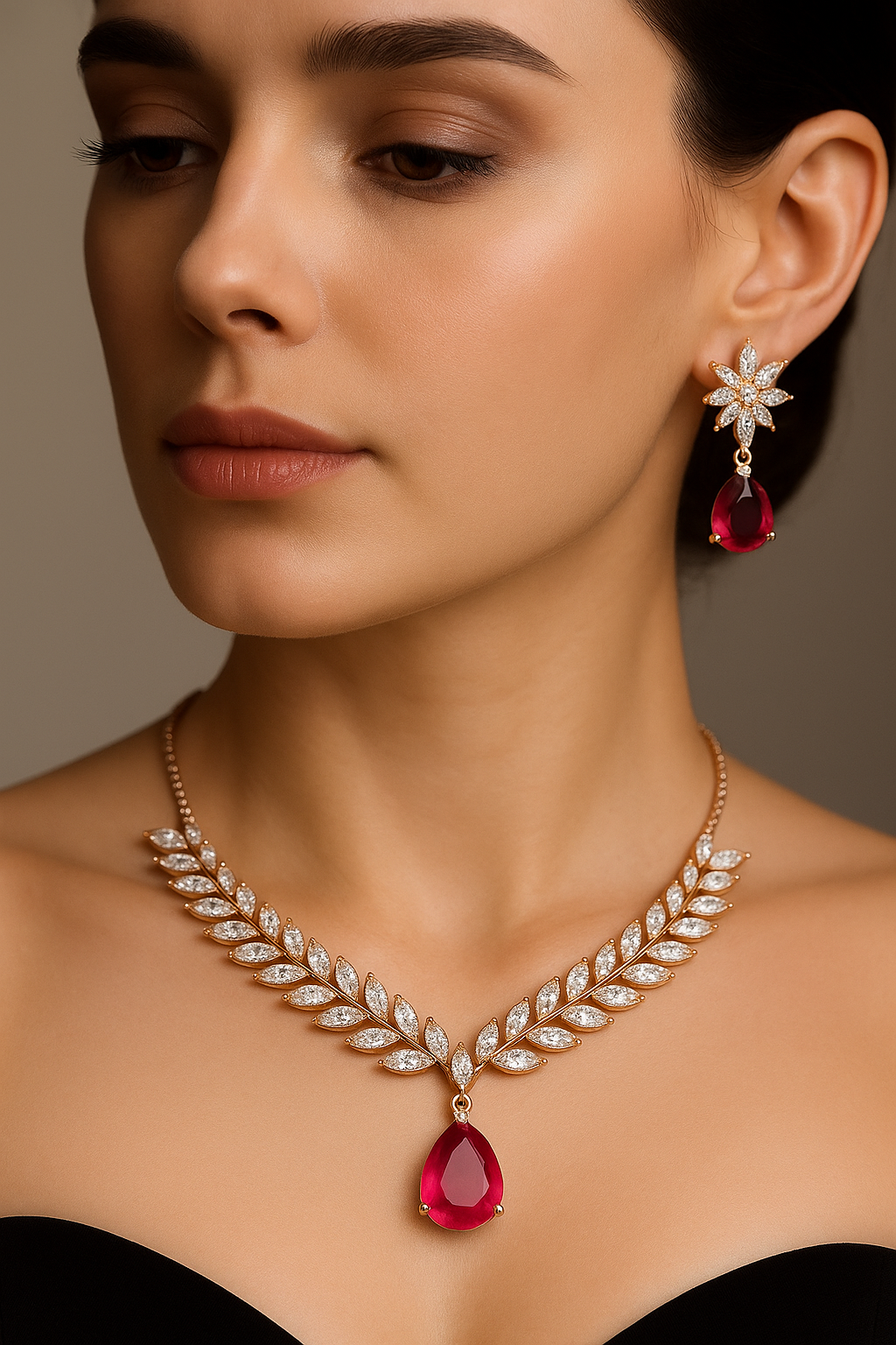 Rose Gold-Plated American Diamond Necklace & Earring Set