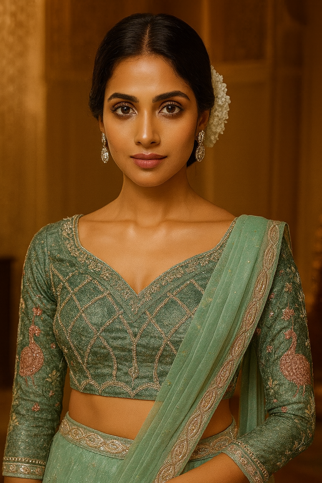 Pearl Embellished Net Saree with Embroidered Blouse Piece