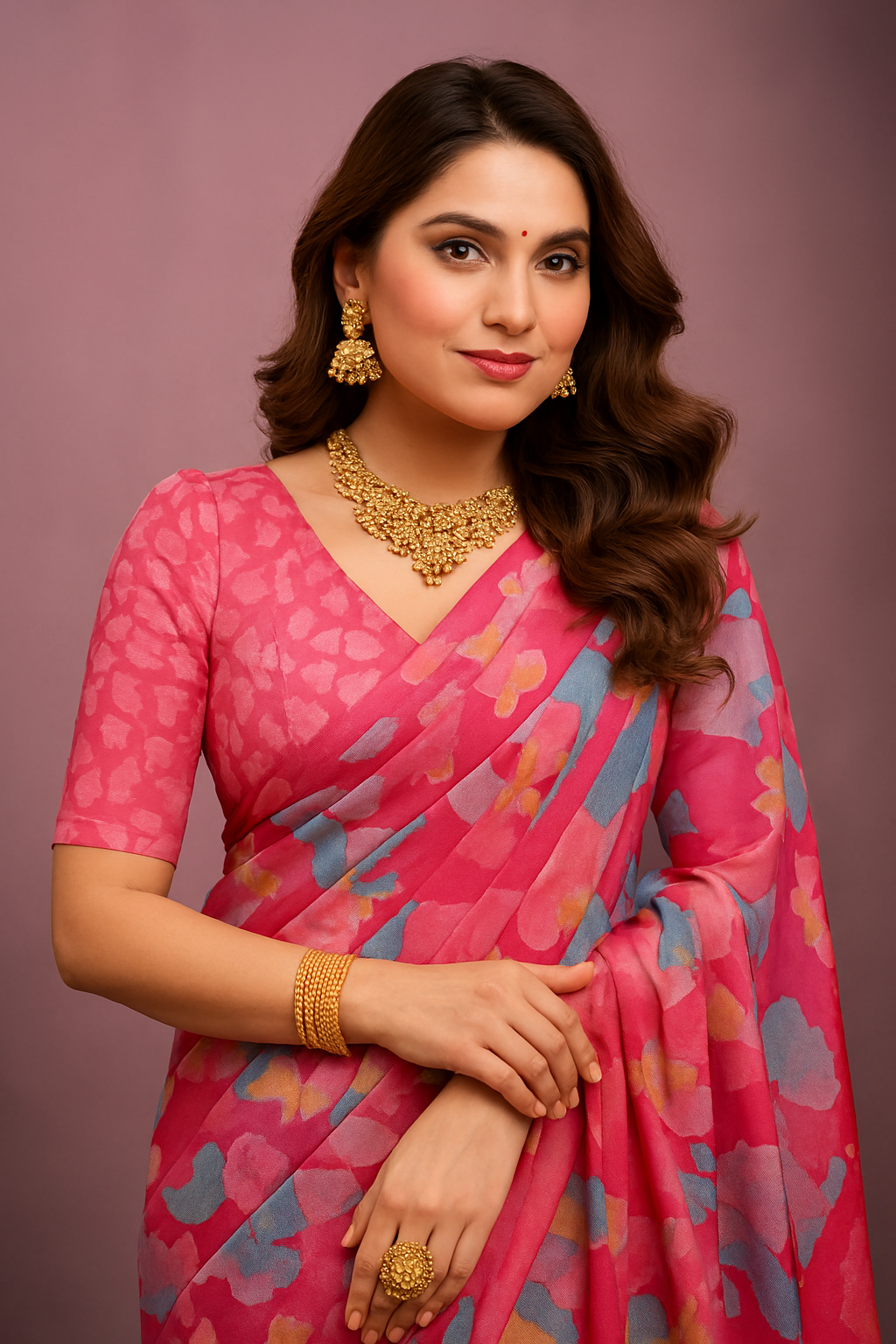 Elegant Pink Floral Printed Tussar Silk Saree with Matching Blouse