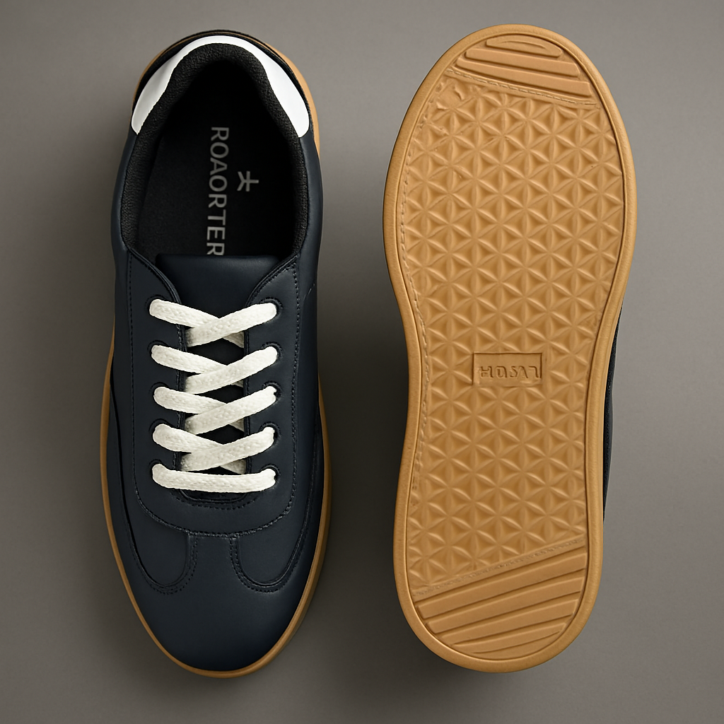 Men’s Navy Blue Casual Sneakers with White Lace-Up & Tan Rubber Sole