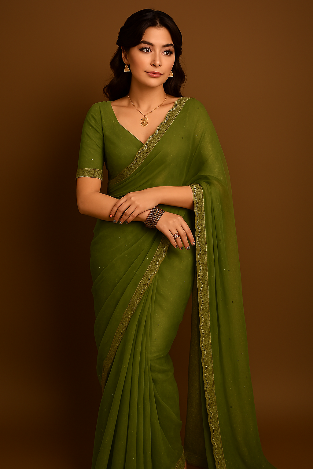 Premium Organza Saree with Sirosky Embellished Border – Green Edition