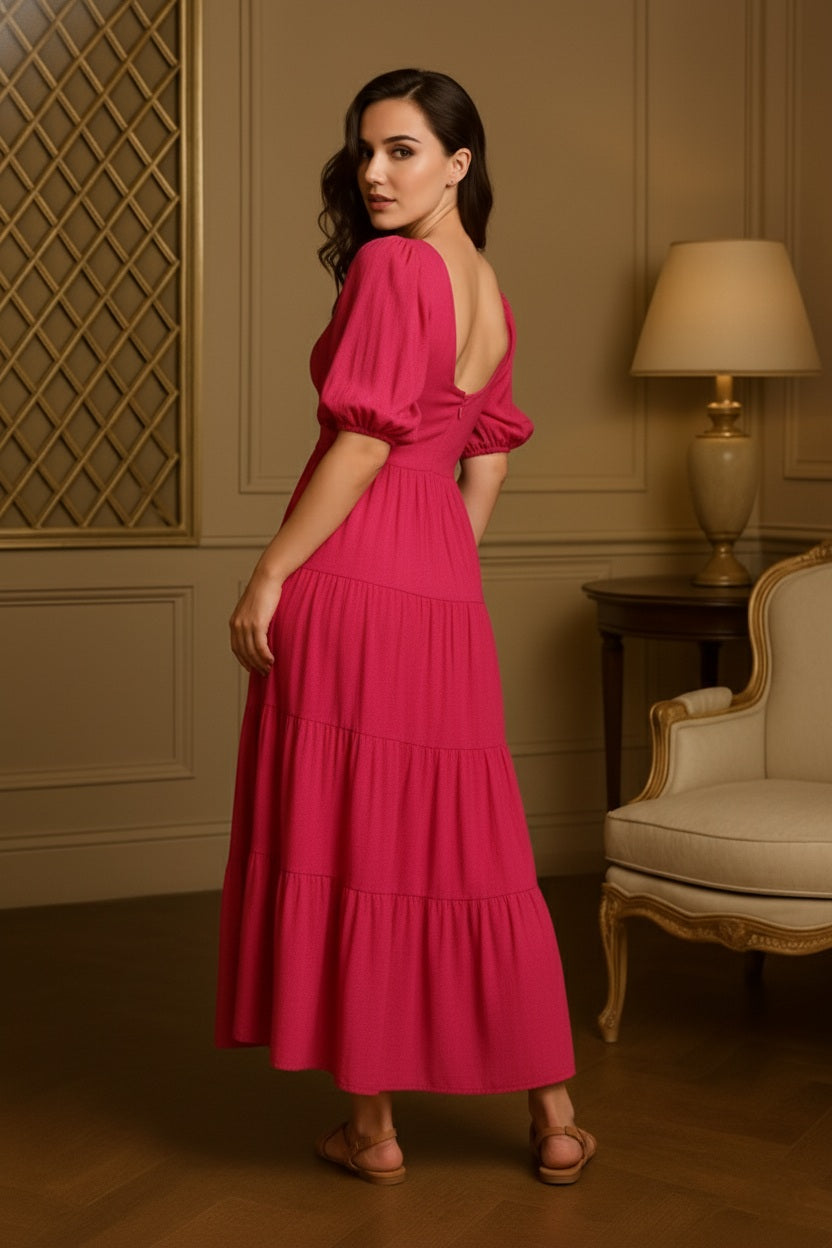 Elegant Pink Checked Cotton Fit & Flare Dress with Balloon Sleeves