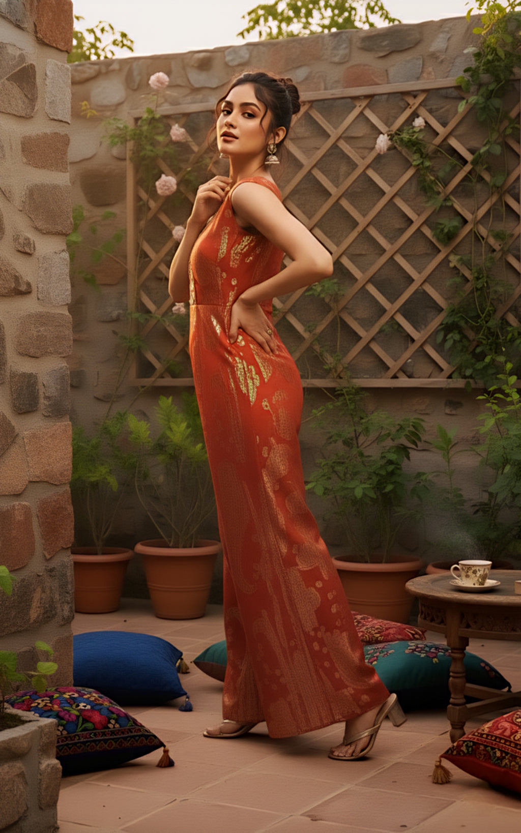 Rust Gold Designer Jumpsuit with Elegant Self Texture