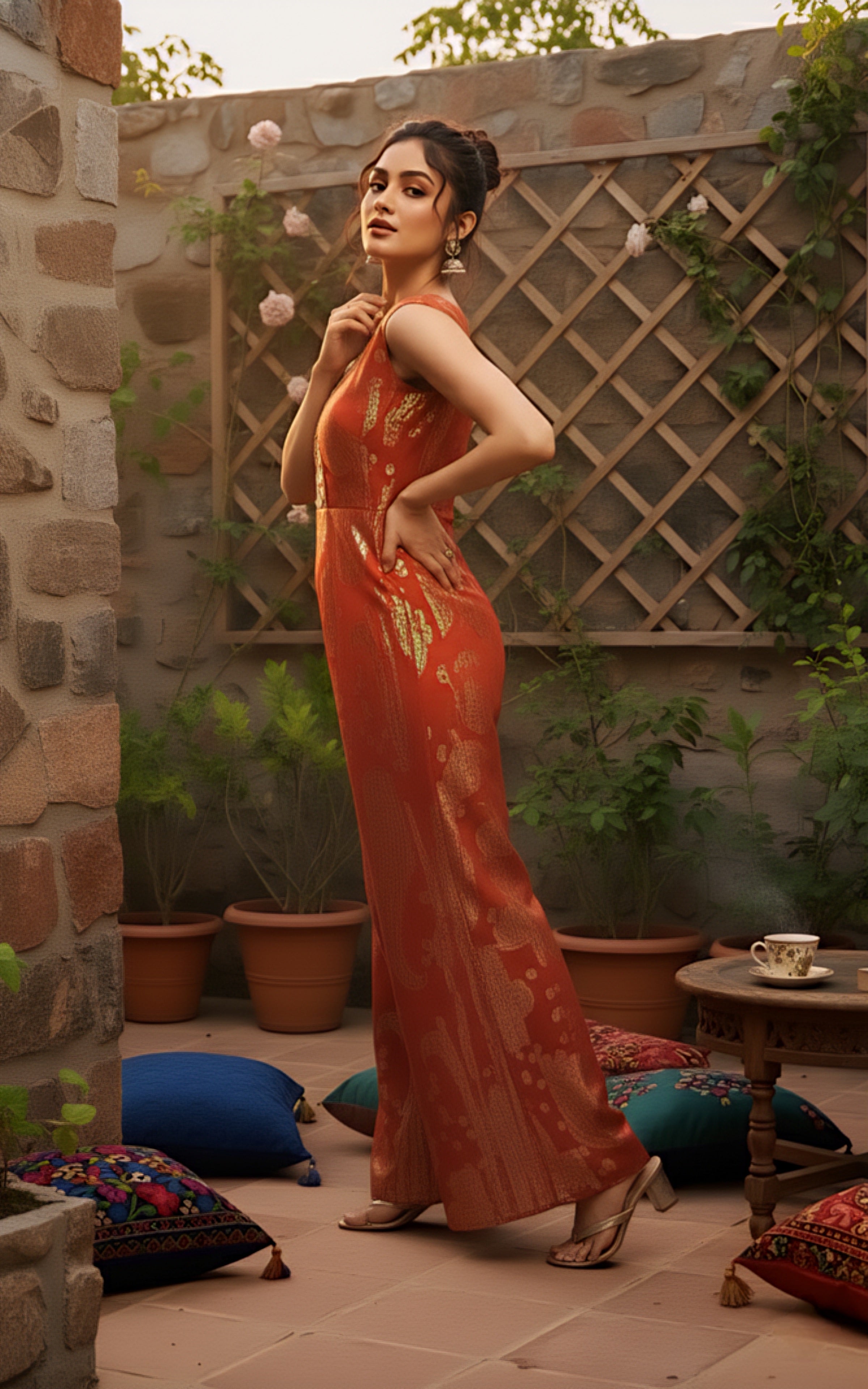 Rust Gold Designer Jumpsuit with Elegant Self Texture