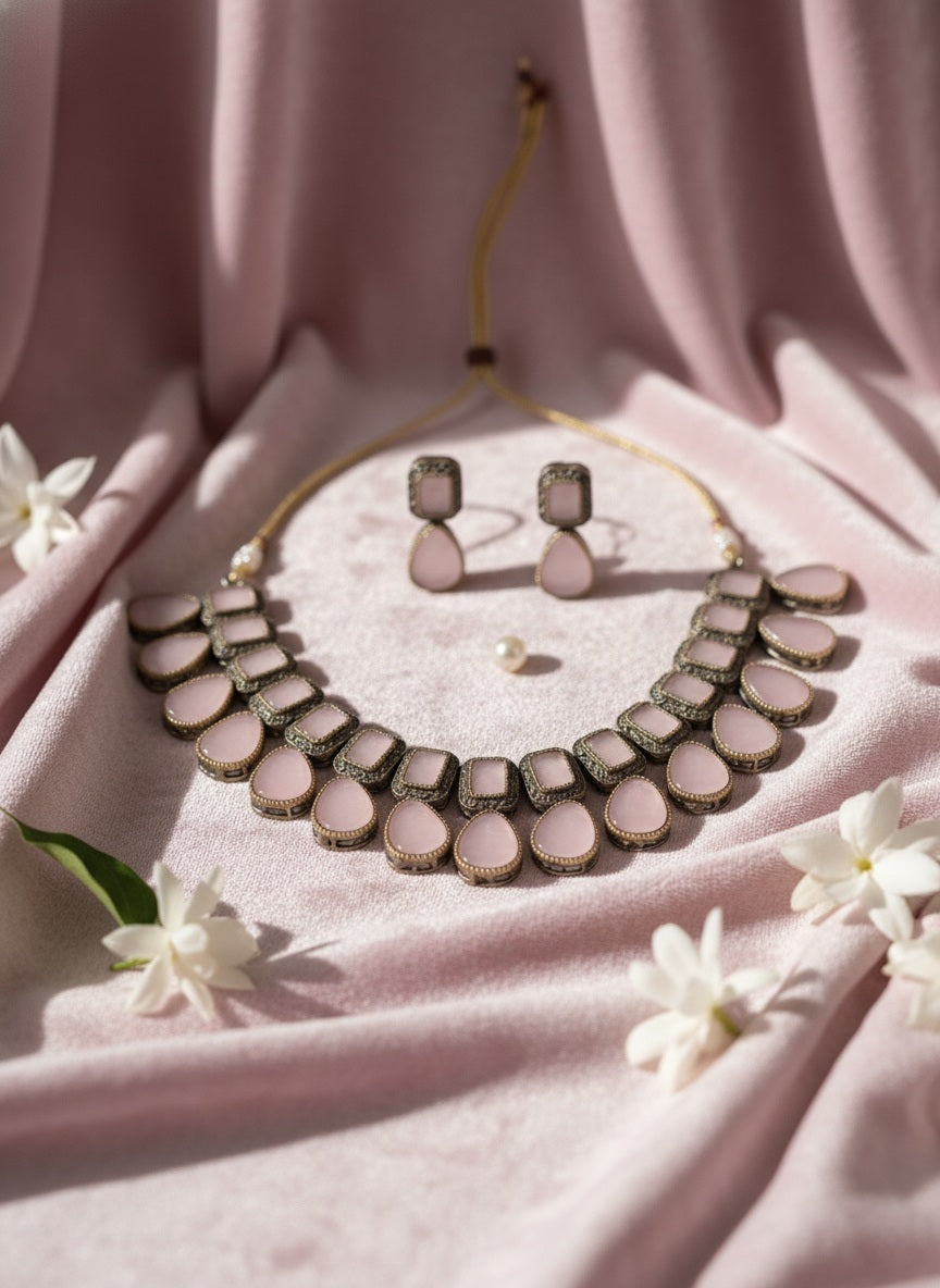 Luxury Baby Pink Monalisa Stone Choker Necklace and Earring Set