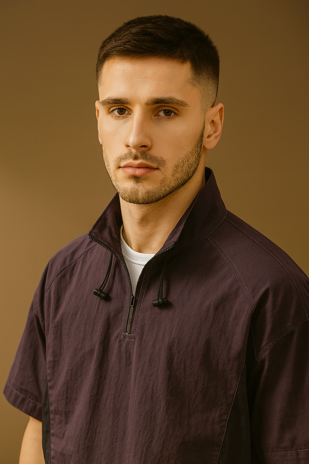 Men’s Purple High-Neck Colourblocked Relaxed Fit T-Shirt