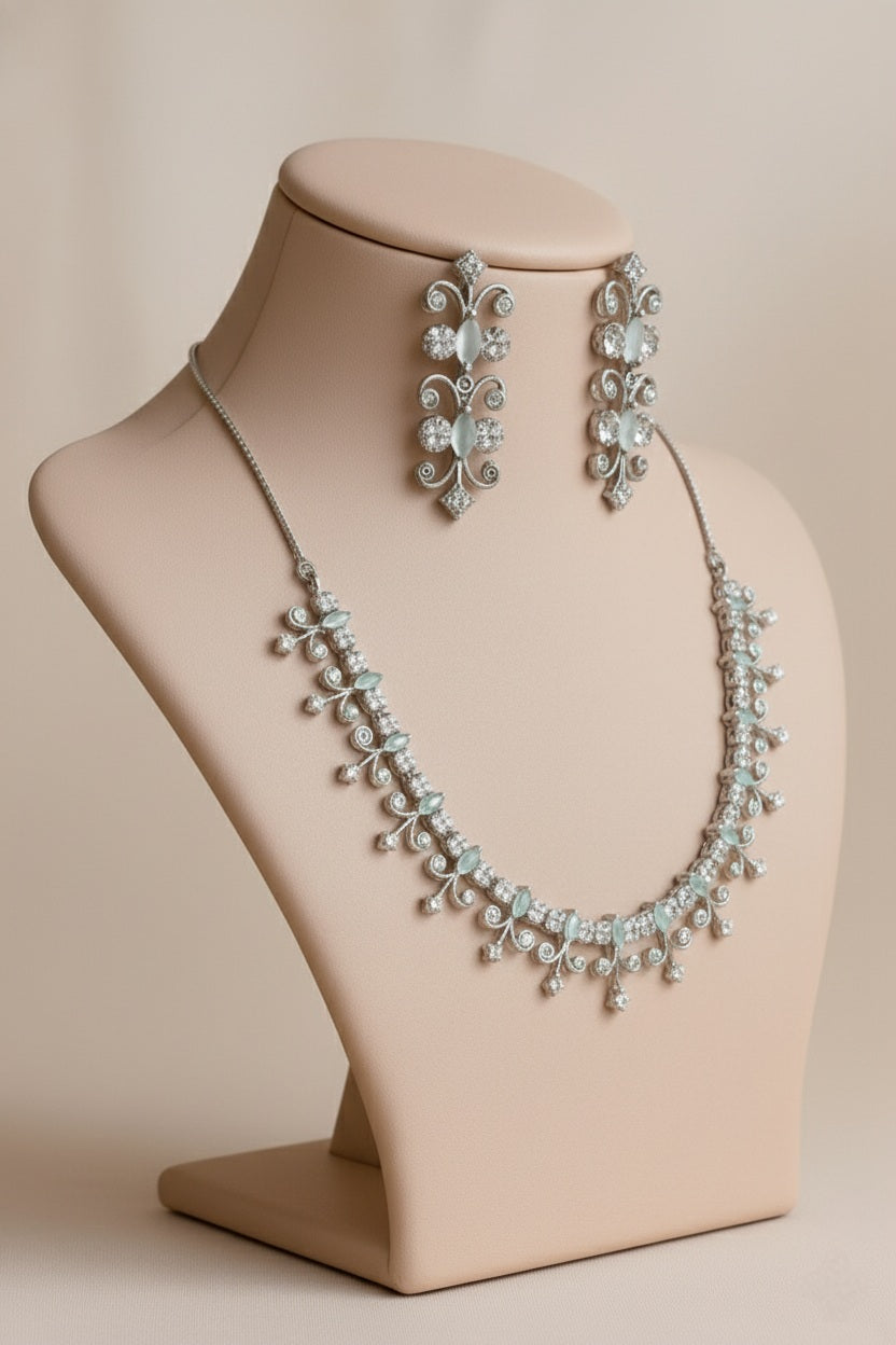 Sea Green American Diamond Necklace & Earrings Set for Women – Silver Brass CZ Jewellery