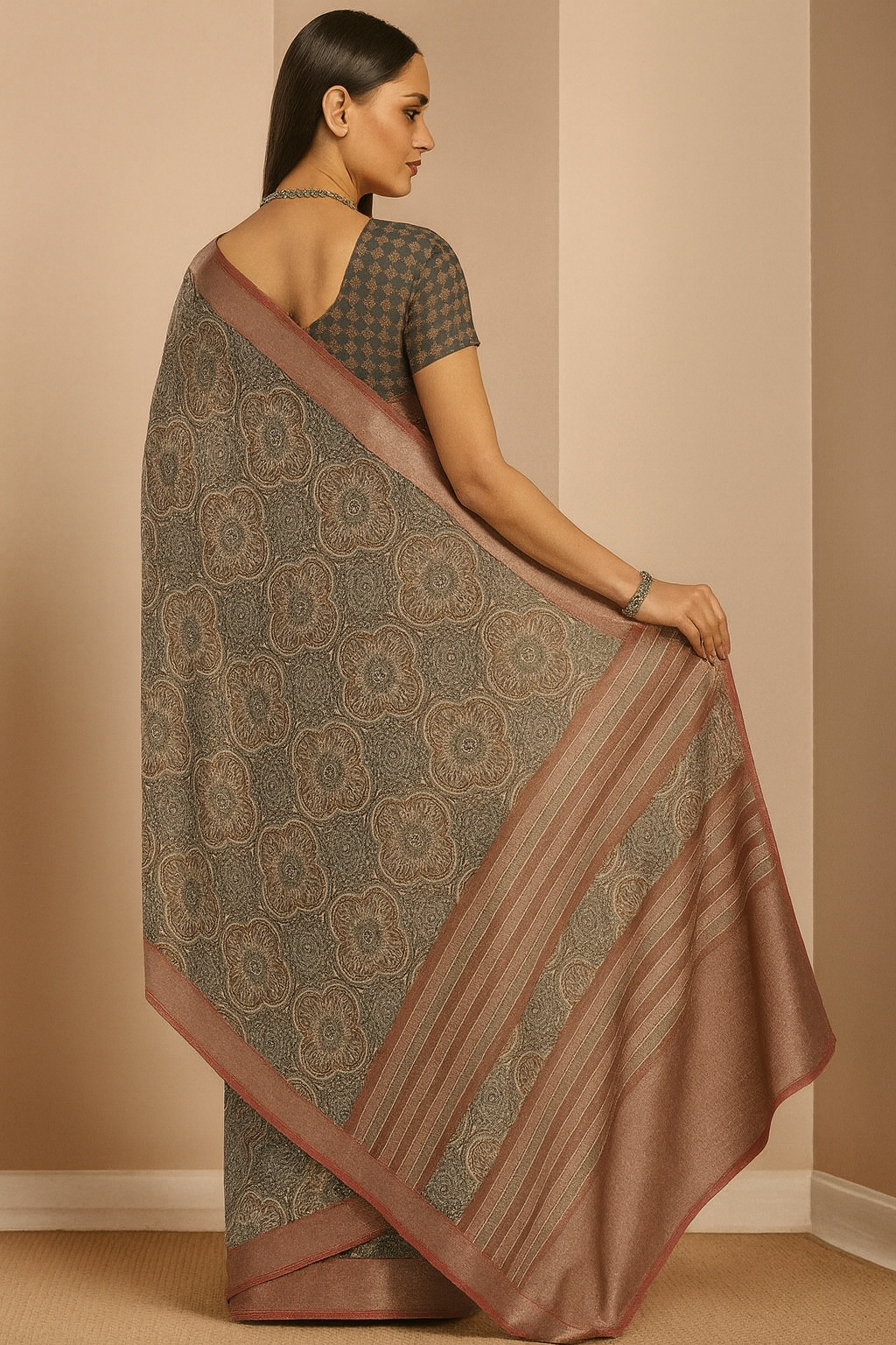 Contemporary Ajrak-Style Saree with Elegant Woven Border