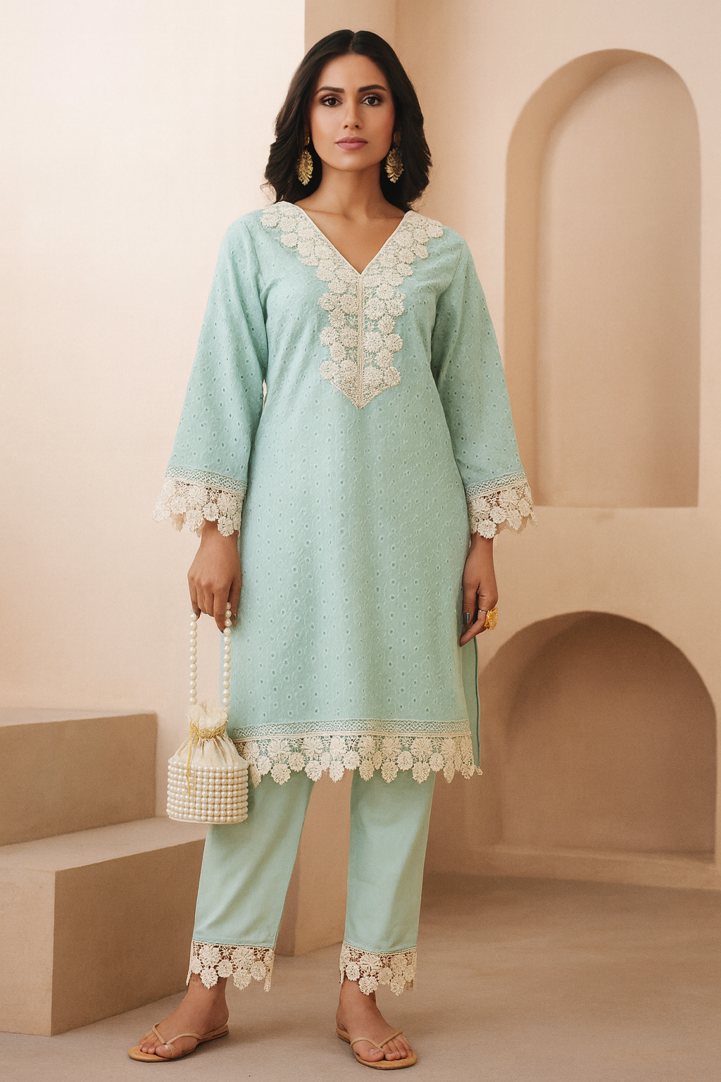 Premium Cotton Co-ords in Mint with Handcrafted Detailing