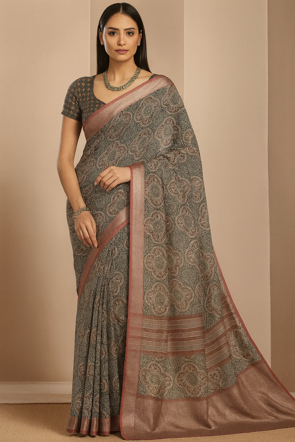Contemporary Ajrak-Style Saree with Elegant Woven Border