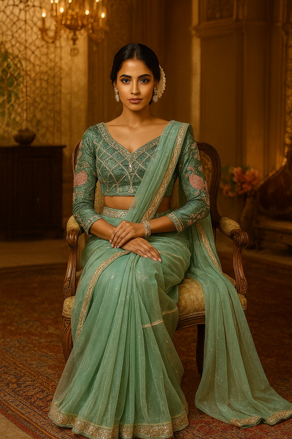Pearl Embellished Net Saree with Embroidered Blouse Piece