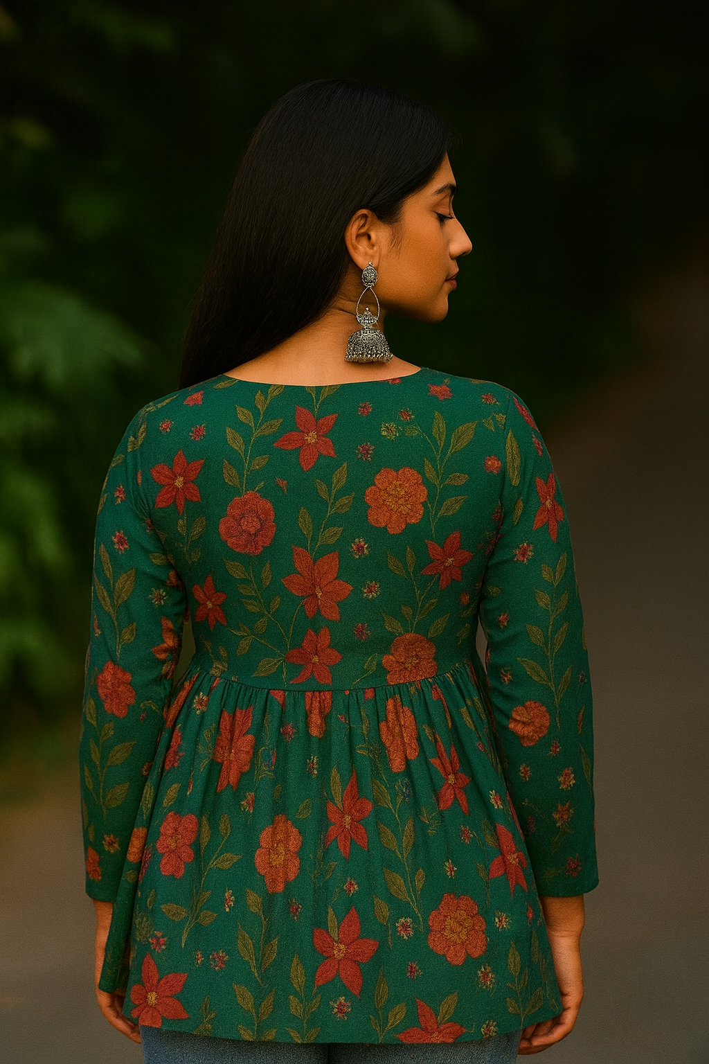 Elegance Green Cotton Top with Three-Quarter Sleeves