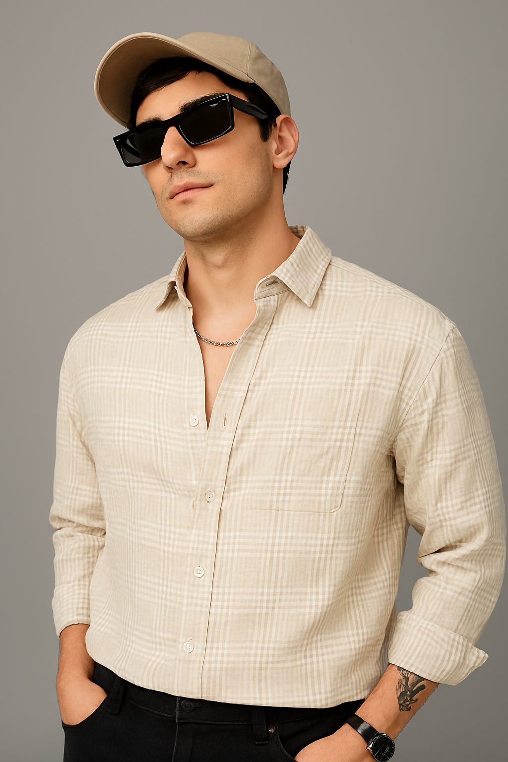 Men’s Casual Cotton Shirt – Boxy Fit, Seersucker Check Pattern