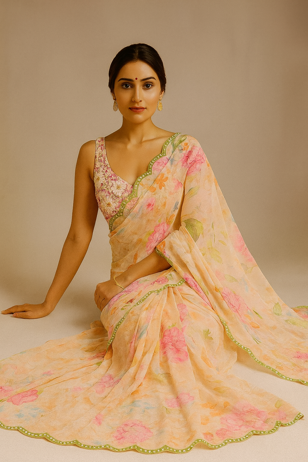 Peach Floral Silk Blend Saree with Embellished Mirror-Work Border
