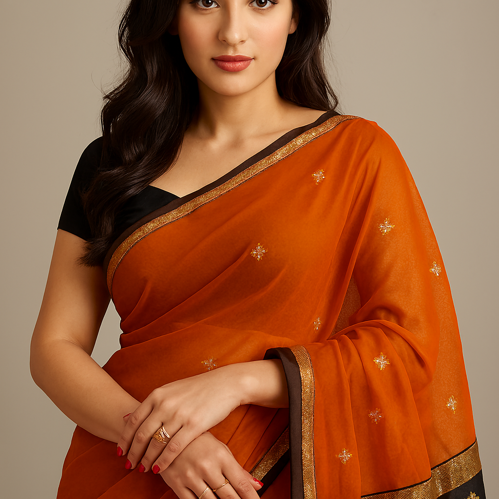 Traditional Banarasi zari saree in elegant orange with golden tones
