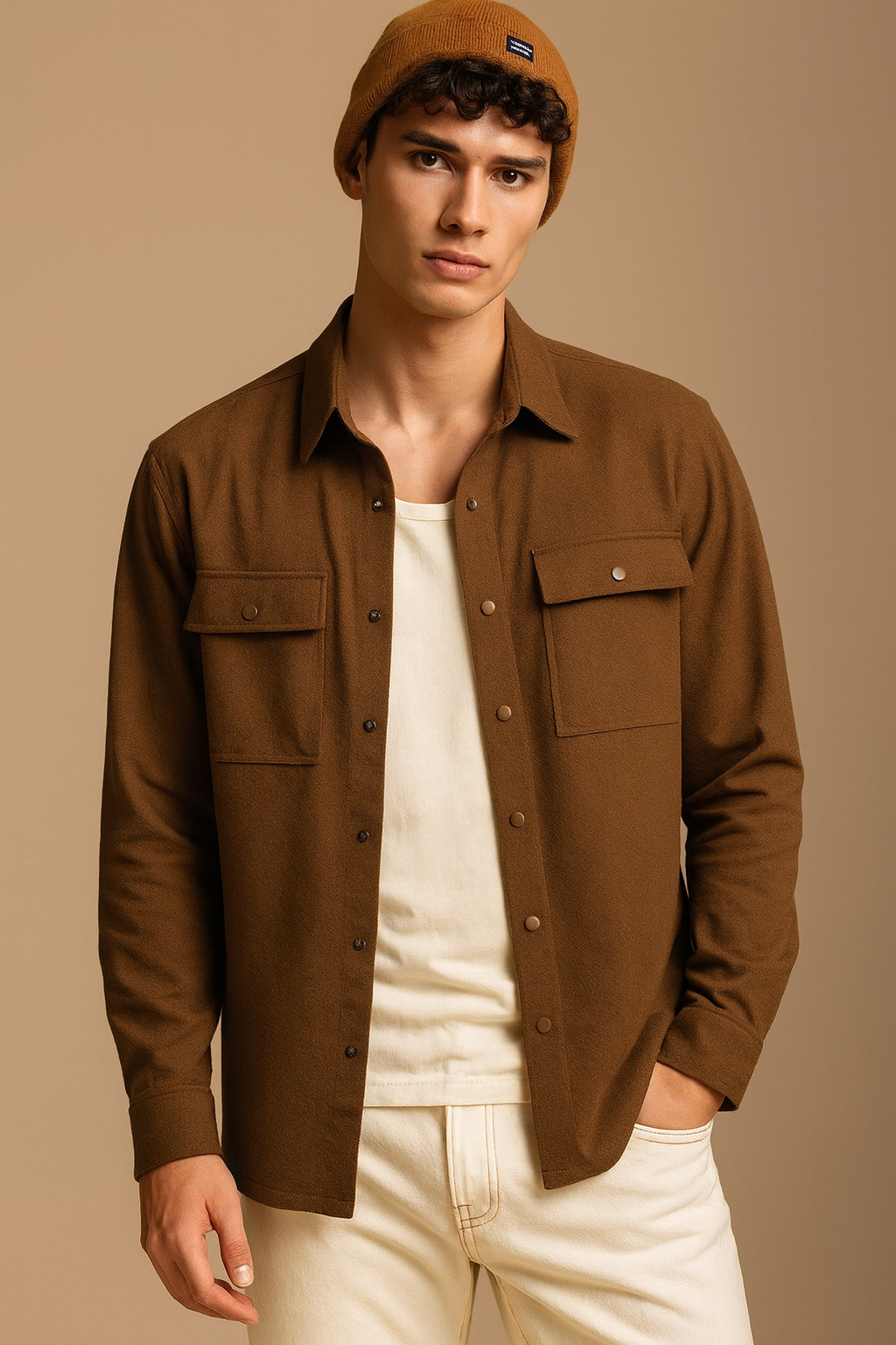 Men’s Brown Boxy Fit Casual Shirt with Flap Pockets