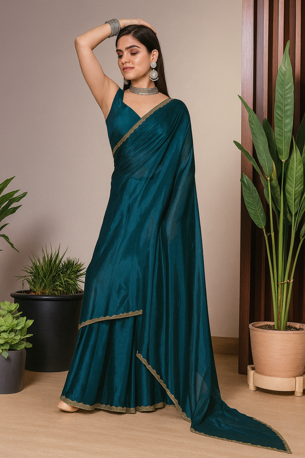 Elegant Teal Saree with Golden Border – Stylish Party & Wedding Wear for Women