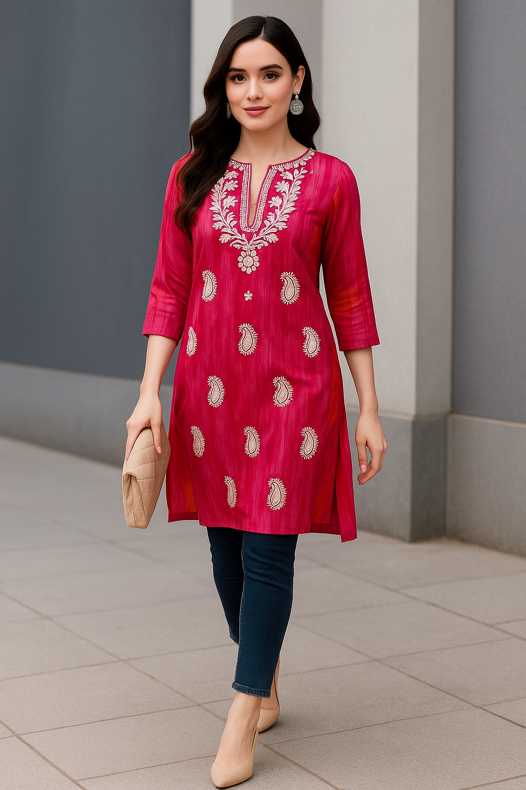 Blush Pink Georgette Kurti with Paisley Chikankari Embroidery